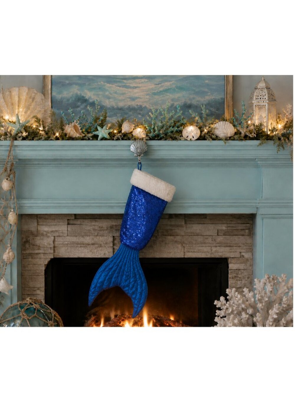 Ocean Blue Mermaid Tail Sequin Christmas Holiday Stocking